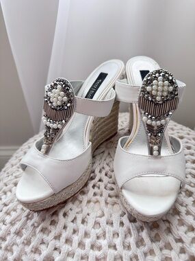 WHBM Embellished White Wedge Sandals with Pearl & Bead Accent